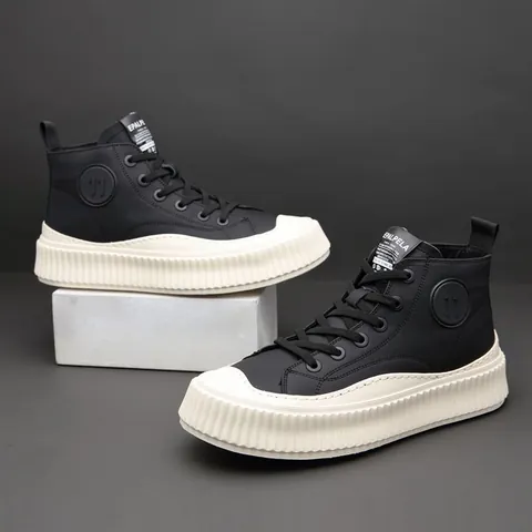 Baskets Montantes en Cuir Véritable pour Hommes Semelle Biscuit Plateforme Épaisse Chaussures de Planche Décontractées Street Tendance Cuir Souple Chaussures d'Hiver