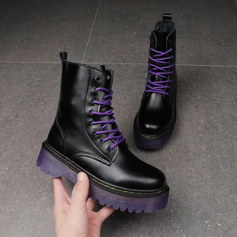 Damen Britischer Stil Martin Boots Wadenhoch Rindsleder Violette Plateausohle Schnürung Runde Zehe Herbst Winter Mode Stiefel
