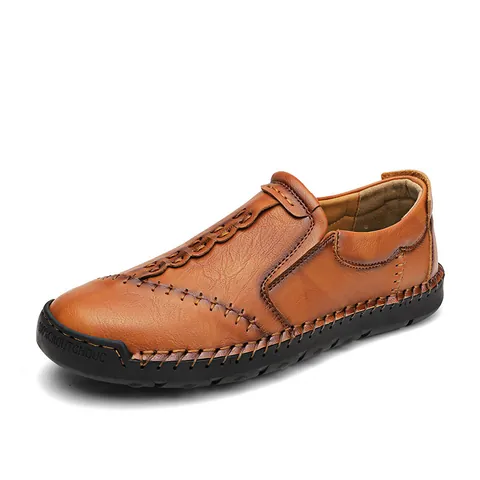 Men's Casual Cowhide Leather Shoes Hand-stitched Trendy Simple Loafers Outdoor Travel Breathable Walking Shoes