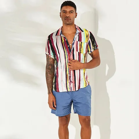 Camicia da Uomo Casual in Poliestere a Righe Manica Corta Larga per Vacanze in Spiaggia Top con Bottoni Abbigliamento Estivo