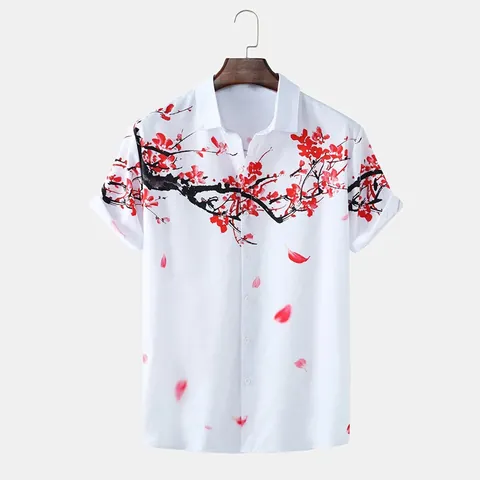 Heren Chinese Stijl Inkttekening Pruimenbloesem Print Overhemd Korte Mouwen Casual Strand Revers Knoopsluiting Wit