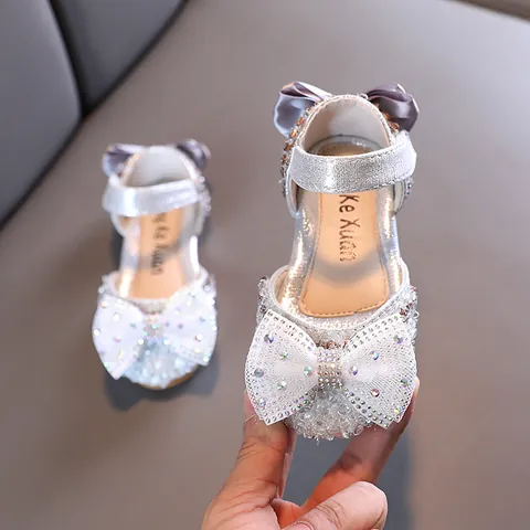 Girls Rhinestone Bow Princess Sandals Korean Style Soft Sole Kids Wedding Party Shoes For Toddlers Little Kids Girls 2026 Spring Summer
