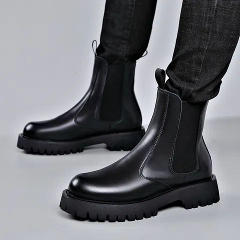 Herren Mode Plateau Chelsea-Stiefel Echtes Leder Hoher Schaft Runder Zeh Slip-On Martin-Stiefel Erhöhend Rutschfest Trendige Herrenschuhe