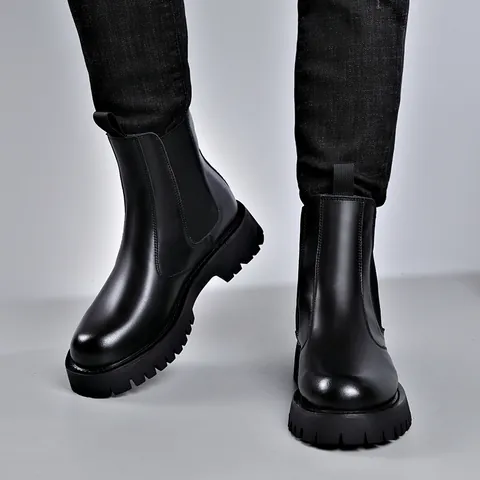 Herren Mode Plateau Chelsea-Stiefel Echtes Leder Hoher Schaft Runder Zeh Slip-On Martin-Stiefel Erhöhend Rutschfest Trendige Herrenschuhe