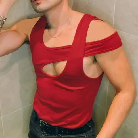 Men Asymmetric Cutout Tank Top Polyester Sexy Slim Fit Off Shoulder Undershirt Individual Streetwear Sleeveless Top