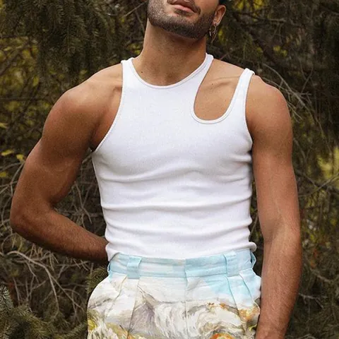 Men Sexy Hollow Out Tank Top Asymmetric One Shoulder Vest Ribbed Polyester Slim Fit Muscle Tee Basic Solid Color Casual Summer Streetwear Sleeveless Undershirt