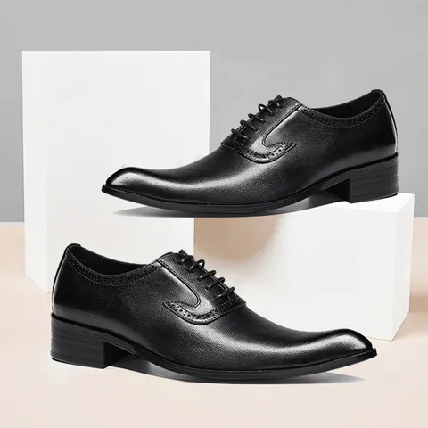 Men Black Pointed Toe Dress Shoes Japanese Style Brogue Carved Oxford Derby Shoes For Wedding Banquet Performance Height Increasing Leather Shoes (3369)