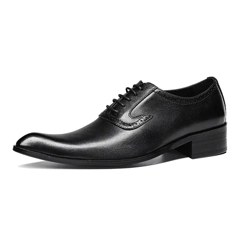 Men Black Pointed Toe Dress Shoes Japanese Style Brogue Carved Oxford Derby Shoes For Wedding Banquet Performance Height Increasing Leather Shoes (3369)