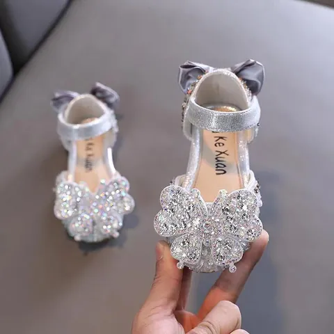 Girls Princess Shoes Rhinestone Bow Korean Style Soft Sole Sandals For Toddler Little Kids Party Wedding Dress Shoes