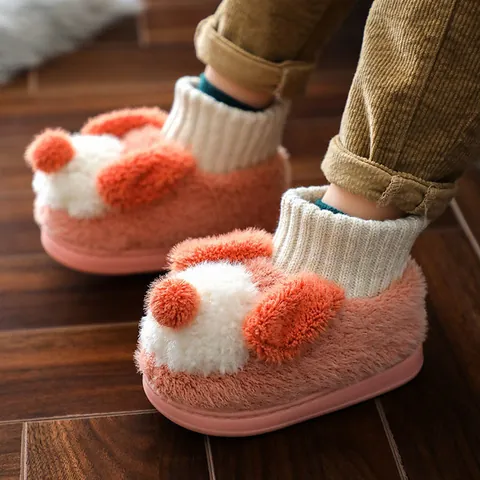 Cartoon-Hund Plüsch Kinderhausschuhe Winter Warm Strickbündchen Rutschfeste Baumwollschuhe Für Kleinkinder Jungen Mädchen