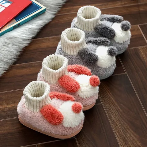 Cartoon-Hund Plüsch Kinderhausschuhe Winter Warm Strickbündchen Rutschfeste Baumwollschuhe Für Kleinkinder Jungen Mädchen