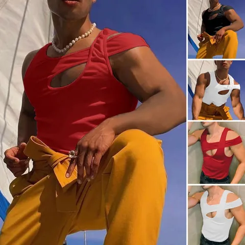 Men Asymmetric Cutout Tank Top Polyester Sexy Slim Fit Off Shoulder Undershirt Individual Streetwear Sleeveless Top