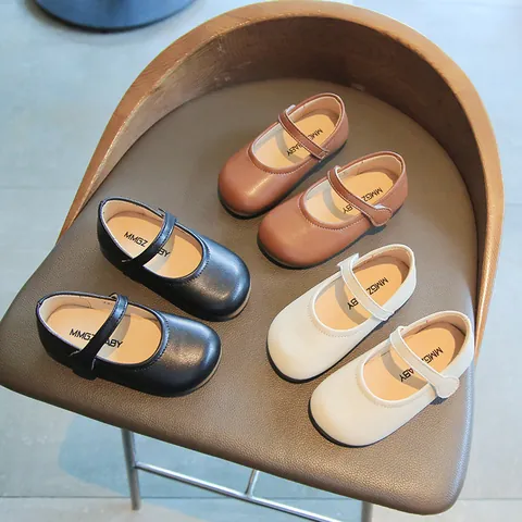 Chaussures Plates Mary Jane pour Filles en Cuir PU Uni Chaussures d'École pour Enfants avec Fermeture Auto-Agrippante Semelle Souple