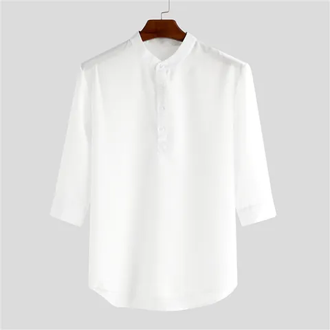 Camicia Casual da Uomo in Misto Cotone Retro Estate Colletto alla Coreana Tinta Unita Manica a 3/4 Slim Fit Traspirante