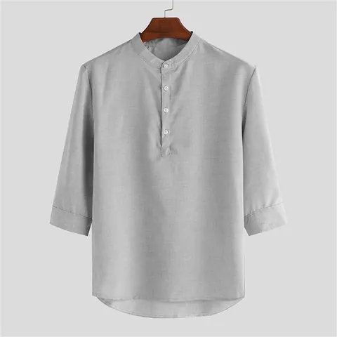 Camicia Casual da Uomo in Misto Cotone Retro Estate Colletto alla Coreana Tinta Unita Manica a 3/4 Slim Fit Traspirante