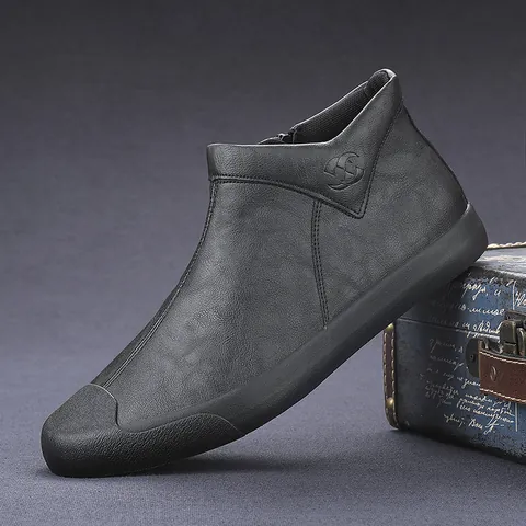 Men Mid-Top Casual Leather Boots British Style Slip-On Side Zip Microfiber Rubber Sole Autumn Unlined Warm Fleece Lined Shoes