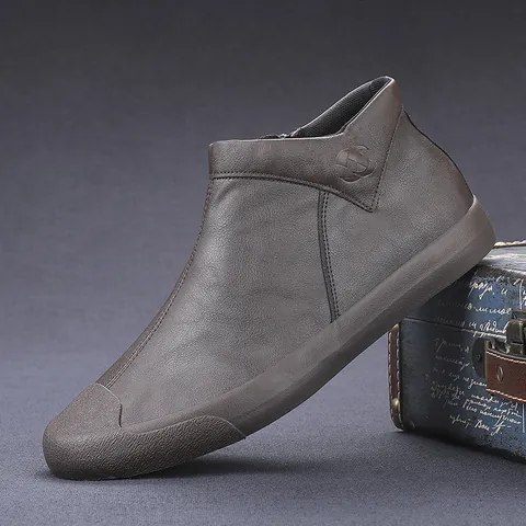 Men Mid-Top Casual Leather Boots British Style Slip-On Side Zip Microfiber Rubber Sole Autumn Unlined Warm Fleece Lined Shoes