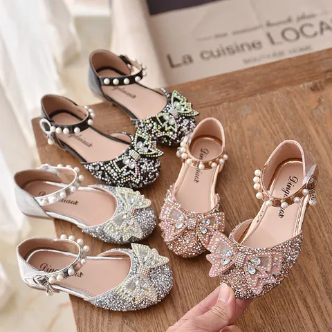 Girls Rhinestone Princess Shoes Bowknot Crystal Shoes Kids Artificial Pearl Strap Closed Toe Sandals For Wedding Party