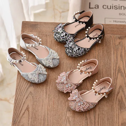 Girls Rhinestone Princess Shoes Bowknot Crystal Shoes Kids Artificial Pearl Strap Closed Toe Sandals For Wedding Party