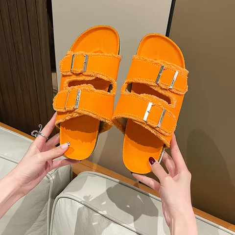 Women Casual Canvas Buckle Slides Flat Sandals Fringe Raw Edge Summer Beach Shoes Comfortable Slip On Outdoor Fashion Mules
