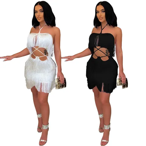 Women Sexy Strapless Backless Fringe Mini Dress Halter Crisscross Cutout Bodycon Club Party Polyester Dress