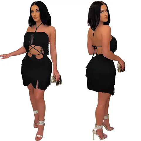 Women Sexy Strapless Backless Fringe Mini Dress Halter Crisscross Cutout Bodycon Club Party Polyester Dress