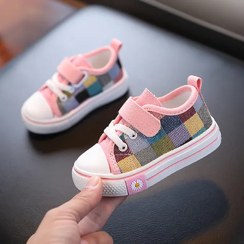 Children Canvas Shoes Color-Blocking Plaid Sneakers Boys Girls Velcro Low-Top Non-Slip Casual Board Shoes
