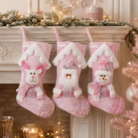 Calze di Natale Rosa con Paillettes Grande Peluche Babbo Natale Pupazzo di Neve Renna Borsa Regalo per Decorazione Camino