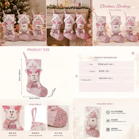 Calze di Natale Rosa con Paillettes Grande Peluche Babbo Natale Pupazzo di Neve Renna Borsa Regalo per Decorazione Camino