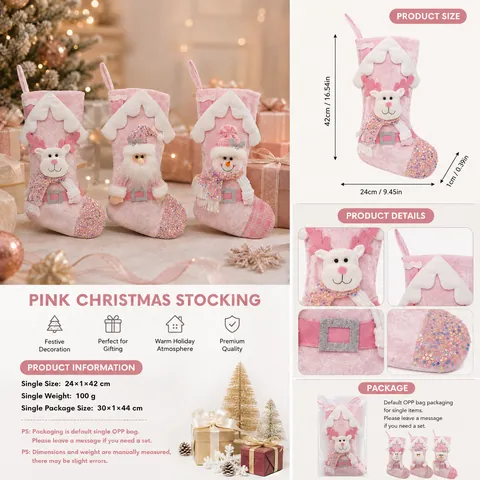 Pink Sequin Christmas Stockings Large Plush Santa Snowman Reindeer Sock Gift Bag For Xmas Home Fireplace Decoration Gift