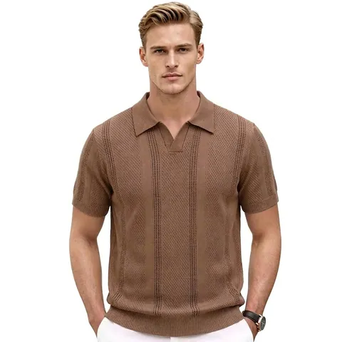 Men's Casual Hollow Out Knitted Polo Shirt Solid Color Lapel Short Sleeve Viscose Knitwear Top Fashion Breathable Shirt