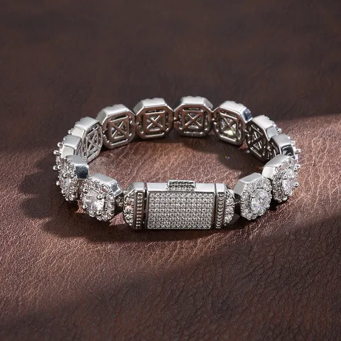 Hip Hop Iced Out Βραχιόλι Ζιργκόν Πολυτελές Επιχρυσωμένο Χάλκινο Βραχιόλι Αλυσίδα Octagonal Link Για Άνδρες Γυναίκες Κοσμήματα Πάρτι