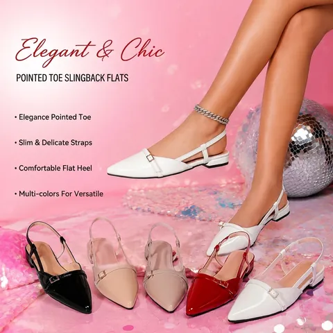 Women Pointed Toe Patent Leather Slingback Flat Shoes French Style Elegant Buckle Strap Low Heel Casual Dress Shoes
