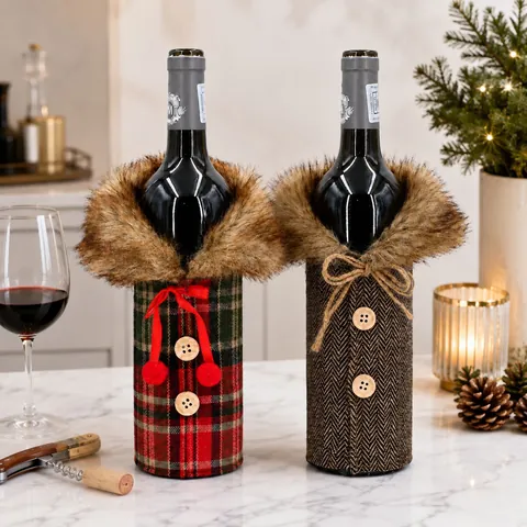 Christmas Wine Bottle Cover Faux Fur Collar Plaid Herringbone Design Festive Table Decor For Xmas Party Dining Decoration