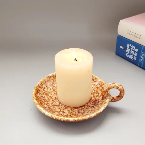 Ceramic Candle Holder With Handle Kiln Glazed Speckled Round Plate For Pillar Candles Home Decor Wedding Tabletop Ornament