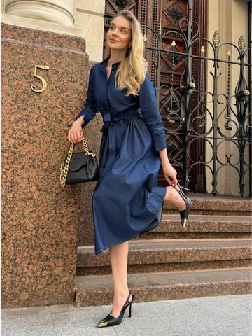 Women Fashion Long Denim Dress Casual Deep Blue Long Sleeve Maxi Dress With Waist Tie Shirt Collar A-Line Button Down Jean Dress