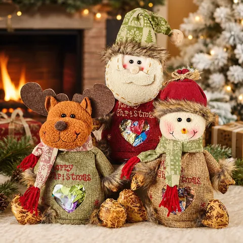 Sacchetti Di Caramelle Di Natale Iuta Peluche Babbo Natale Pupazzo Di Neve Renna Finestra Trasparente Decorazione