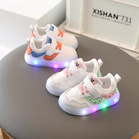 Toddler Kids LED Light-up Shoes Synthetic Leather White Sneakers With Non-slip Soft Sole Magic Tape Casual Board Shoes For Boys Girls