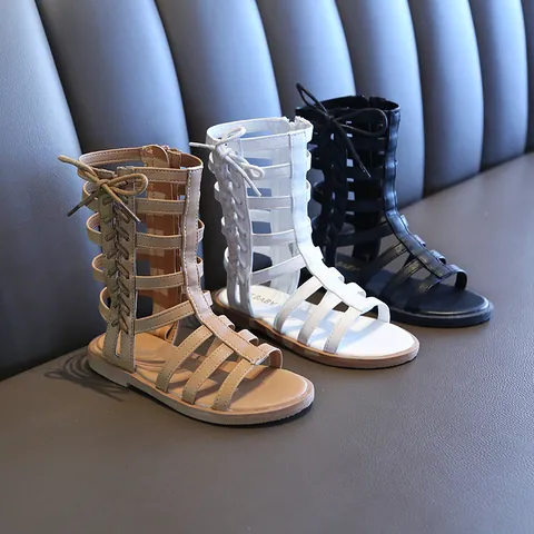 Sandalias de Gladiador de Caña Alta para Niñas Niños Verano Estilo Coreano Cuero PU Punta Abierta Zapatos de Princesa Romana Con Cremallera Lateral v183