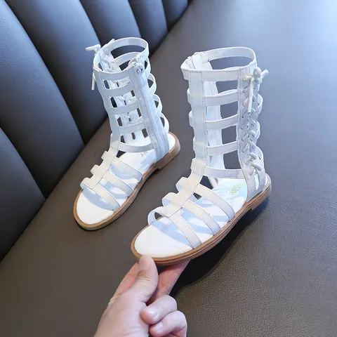 Sandalias de Gladiador de Caña Alta para Niñas Niños Verano Estilo Coreano Cuero PU Punta Abierta Zapatos de Princesa Romana Con Cremallera Lateral v183
