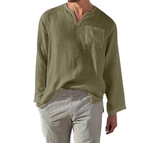 Camicia Henley Casual da Uomo in Cotone a Maniche Lunghe Scollo a V Vestibilità Comoda Top Estivi da Spiaggia Con Tasca