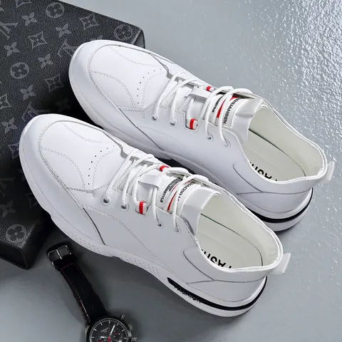 Men Korean Style Breathable White Casual Board Shoes Split Cowhide Leather Soft Sole Height Increasing Fashion Sneakers Men Flat Shoes