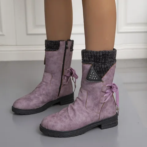 Women's Winter Snow Boots PU Leather Knit Patchwork Side Zipper Pleated Bow Rivets Anti-Slip Round Toe Flat Short Boots