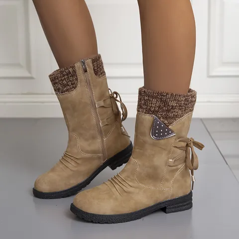 Women's Winter Snow Boots PU Leather Knit Patchwork Side Zipper Pleated Bow Rivets Anti-Slip Round Toe Flat Short Boots