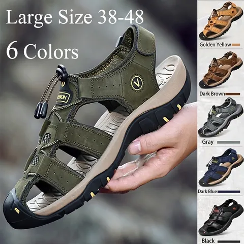 Herren Rindsleder Outdoor Sandalen Geschlossene Zehen Atmungsaktiv Rutschfest Strand Schuhe Für Männer Lässige Sommer Trekking Sandalen