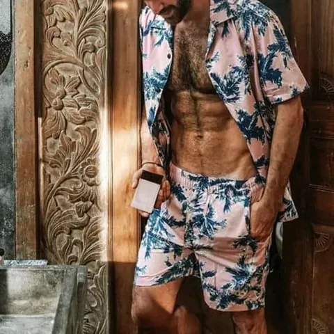Herren Casual Hawaiian Tropischer Blätterprint Kurzarm Hemd Und Shorts Matching Set Sommer Strand Urlaub Outfit