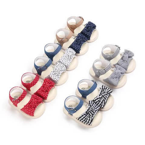 Scarpe Primi Passi Neonata Estate Suola Morbida Tessuto di Cotone Pois Righe Gingham Fiocco Sandali da Principessa Scarpe per Bambini