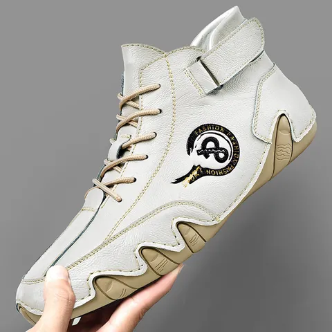 Chaussures Décontractées Mi-Hautes pour Hommes Vintage Cousues Main Cuir PU Chaussures de Conduite Doublure Peluche Chaude