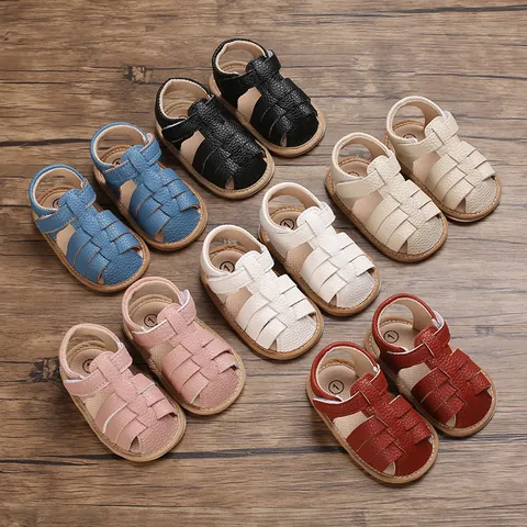 Summer Baby Walking Sandals Soft Sole Non-slip Woven First Walkers For Infant 0-1 Year Old Boys Girls Faux Leather Hook And Loop Shoes