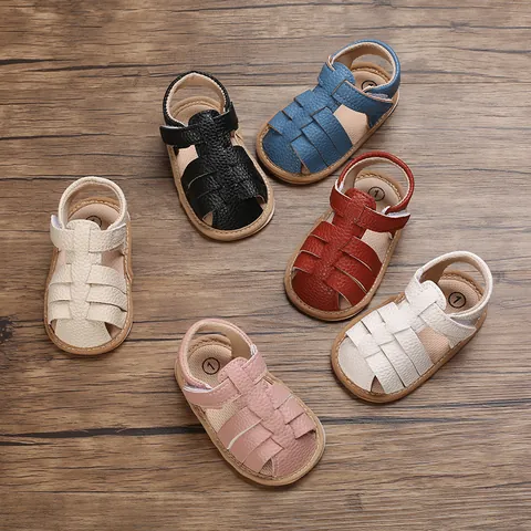 Summer Baby Walking Sandals Soft Sole Non-slip Woven First Walkers For Infant 0-1 Year Old Boys Girls Faux Leather Hook And Loop Shoes